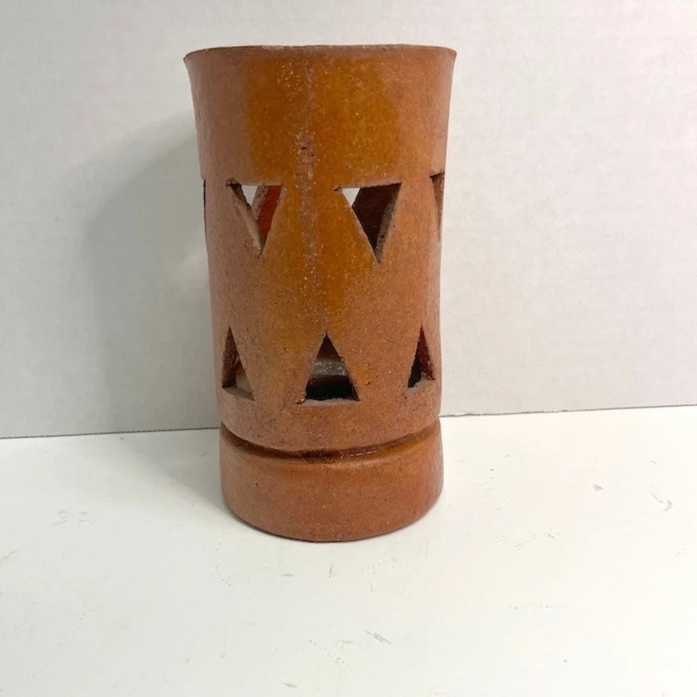 Vintage Chunky Terracotta Ceramic Luminary Triangle Cutout Candle Lantern